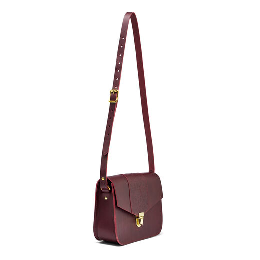 Red leather oak-embossed handbag
